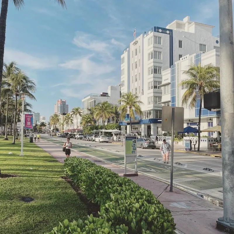 Art deco hotels and palm trees along Ocean Drive