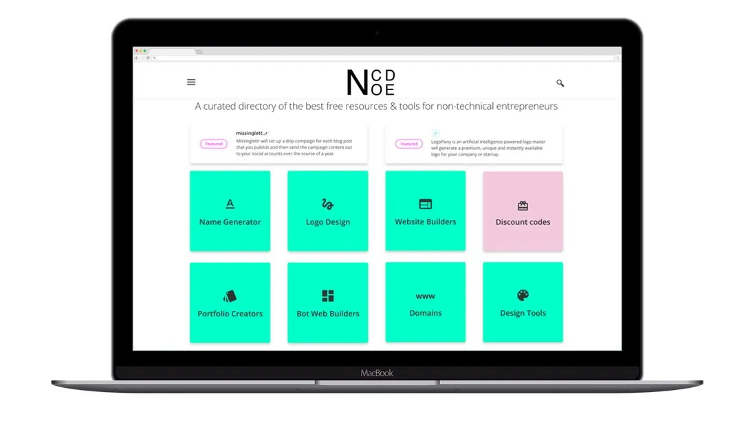 The NoCode homepage: a grid of tool categories