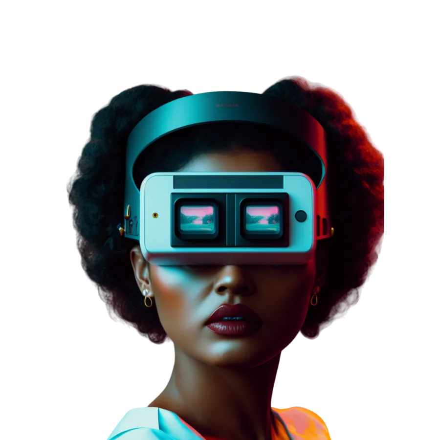 A woman in the 80s looking over her shoulder, wearing a VR headset