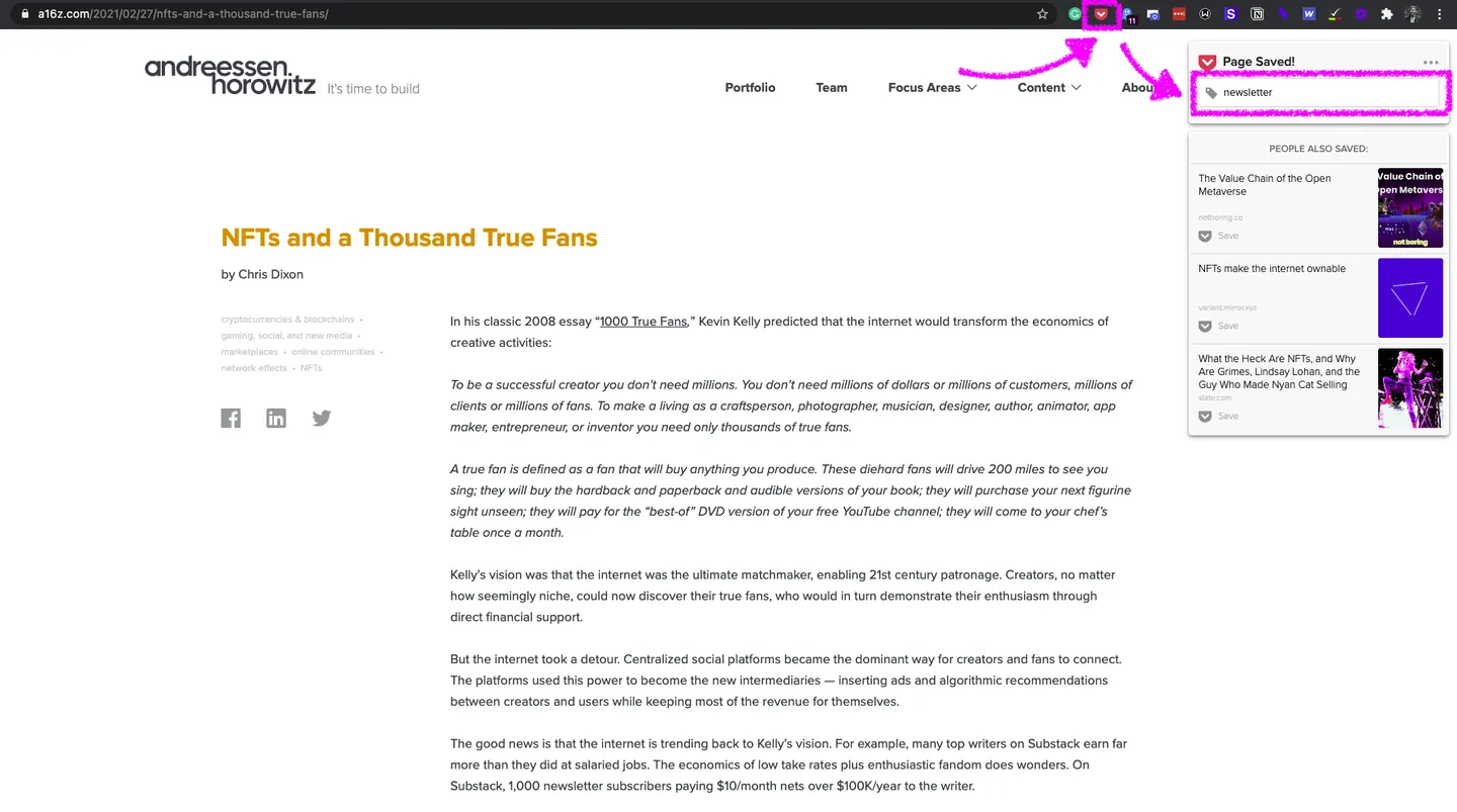 Pocket Chrome Extension with Tags applied