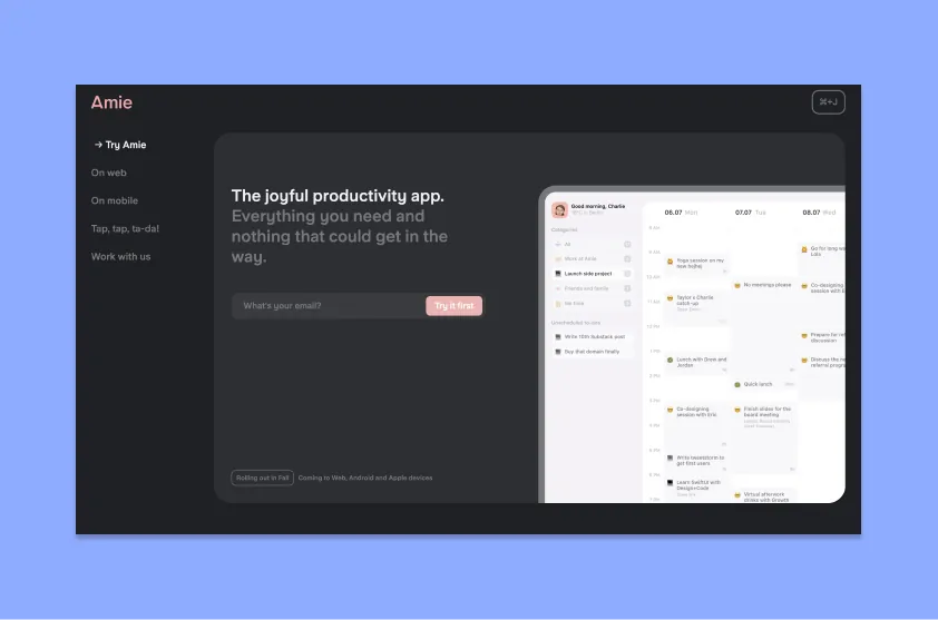 Amie early access landing page