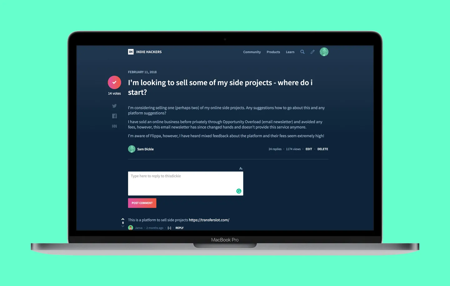 Sell side projects Indiehackers post